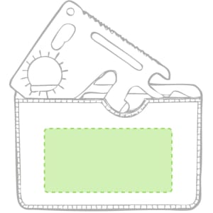 A grey multitool is positioned in a pocket-sized holder, featuring various tool heads. The holder has a green outline.