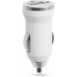 A USB car charger in white with a silver accent, featuring a logo and designed for mobile devices.
