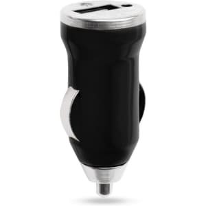 A black USB car charger with a sleek design and a silver accent. It features one USB port.