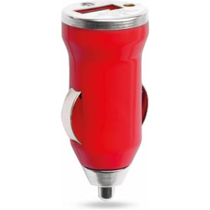 A red USB car charger with a metallic tip and a logo, designed for charging devices on the go.