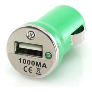 A green USB car charger with a silver accent and a single USB port for charging devices.