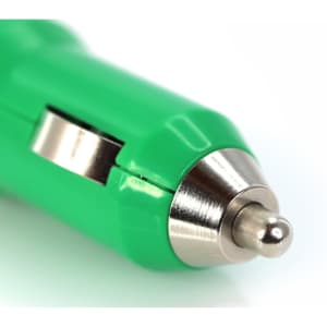 A green USB car charger with a metal tip, featuring a simple design and a logo.