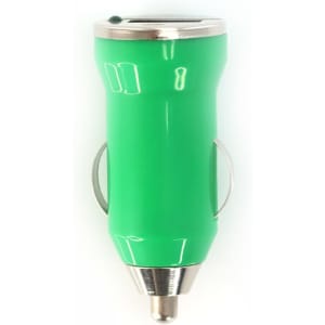 A green USB car charger with a shiny silver tip and side connectors. The design is streamlined and compact.