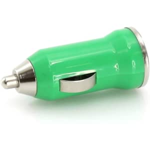 A green USB car charger with a metallic finish. The design features a sleek, rounded shape.
