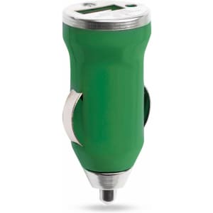 A green USB car charger with a metallic accent and a digital display on top. It includes a branding logo.