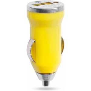 A yellow USB car charger with a shiny metallic design and a logo on it.