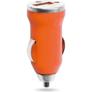 An orange USB car charger with a silver accent and a built-in display for charging devices.