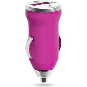 A pink USB car charger with a sleek design and a silver accent, featuring a logo on the body.