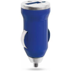 A blue USB car charger with a silver accent and a single USB port for charging devices.