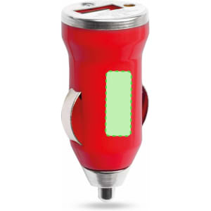 A red USB car charger with a metal bottom and a logo on the side, featuring a blank area for customisation.