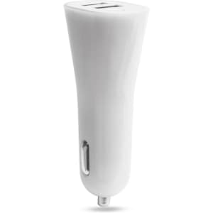 A white USB car charger with a sleek design and a single USB port. It features a logo on the surface.