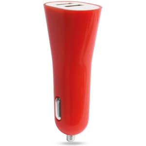 A bright red USB car charger designed for phone and technology use, featuring a sleek, modern shape and a logo.