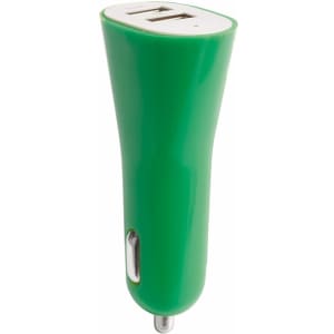 A green USB car charger with two USB ports and a sleek, tapered design. It features a silver input for the car socket.