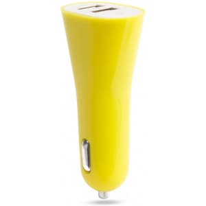 A USB car charger in bright yellow with a smooth, tapered design and a built-in USB port.