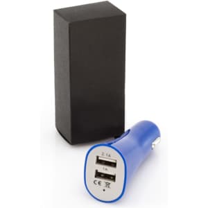 A blue USB car charger with two ports and a black box packaging.