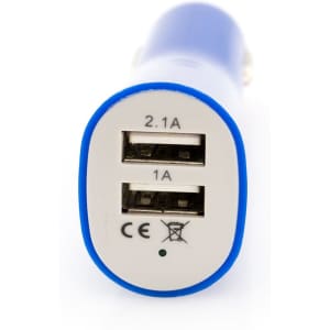 A blue USB car charger with two USB ports and a white base featuring a logo.