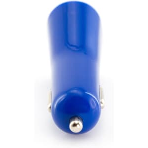 A blue USB car charger with a smooth finish and metallic connector tips, featuring a logo at the top.