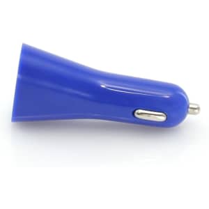 A blue USB car charger with a sleek design and shiny metallic connector. It features a logo on the surface.