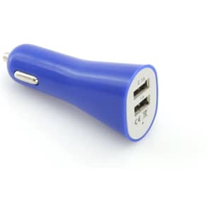 A blue USB car charger with two USB ports and a silver connector, featuring a branded logo.