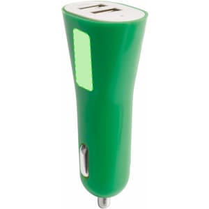 A green USB car charger with two USB ports and a logo on the top. It features a sleek, modern design.