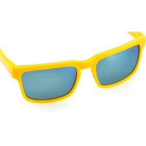A pair of yellow sunglasses with blue mirrored lenses, featuring a branded logo on the frame.