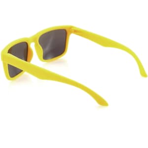 Bright yellow sunglasses with dark lenses and a stylish design, featuring a logo on the side.