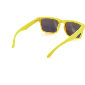 Bright yellow sunglasses with dark lenses, featuring a simple design and a logo on the side.
