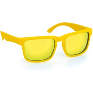 Yellow sunglasses with green-tinted lenses and a sleek, modern design. Features a logo on the side of the frame.