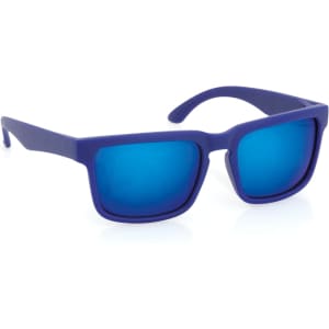 Purple sunglasses with blue lenses, featuring a sleek design and a logo on the side.