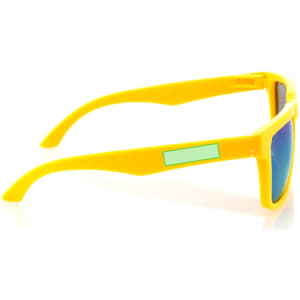 A pair of yellow sunglasses with mirrored lenses and a logo on the side.