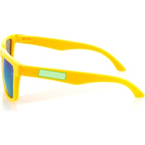 Bright yellow sunglasses with blue-tinted lenses and a green accent on the arm. Features branding on the side.