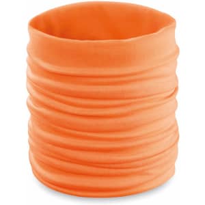An orange Cherin Neck Warmer with a textured, gathered design. It features a branding logo.