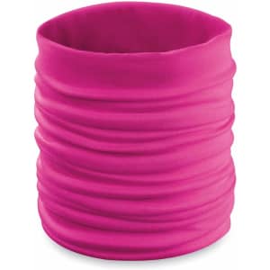 A pink Cherin Neck Warmer with a ruched design, suitable as a clothing accessory. Features a logo.