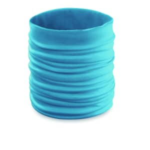 A turquoise neck warmer with a ribbed texture, suitable for clothing accessory use. It features a logo.