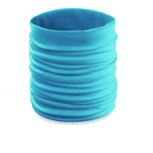 A turquoise neck warmer made of soft fabric, featuring a tubular design with gathered sections.