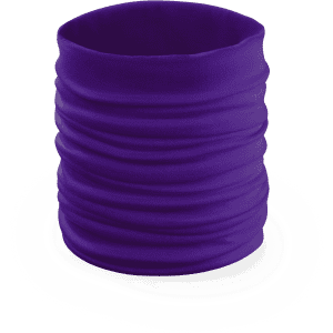 A purple neck warmer with a tight, gathered design, suitable for colder weather. Features a logo.