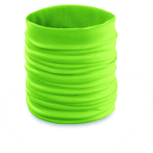 A bright green neck warmer made of soft fabric, designed to be worn as a scarf or accessory. It features a brand logo.