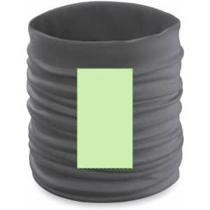 A grey neck warmer with a textured fabric and a blank area for custom branding.