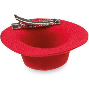 A red felt hair clip featuring a metallic clip attachment on top. The item has a distinct wide-brimmed shape.