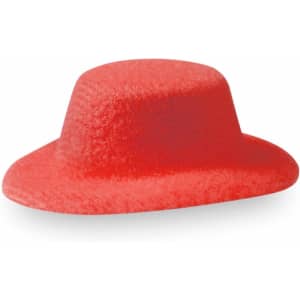 A red hat in a minimalist style, made from a soft material, featuring a rounded top and a wide brim.