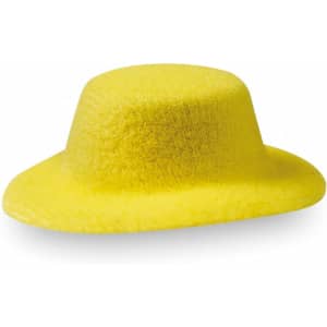 A yellow felt hat with a wide brim and a rounded crown, featuring a textured finish.