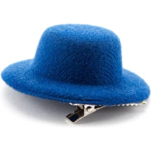 A blue woolen hair clip with a unique hat shape and a metal clasp underneath.