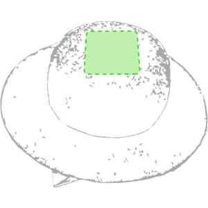 A round hat with a green square patch on the top, featuring a soft texture and a wide brim.