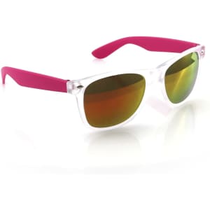 A pair of sunglasses featuring clear frames with pink arms and mirrored lenses in shades of orange and green.