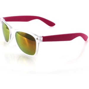 Harvey Sunglasses feature clear frames with vibrant pink arms and reflective green lenses. They include a logo on the side.