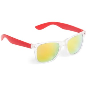 Harvey Sunglasses featuring clear frames and red arms with reflective yellow-tinted lenses. Includes branding on the frame.