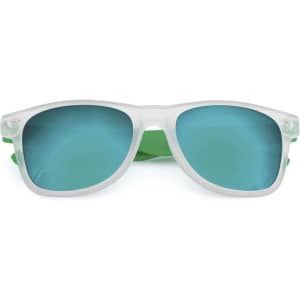 Harvey Sunglasses featuring a transparent frame and teal lenses with green accents. Includes a design logo.