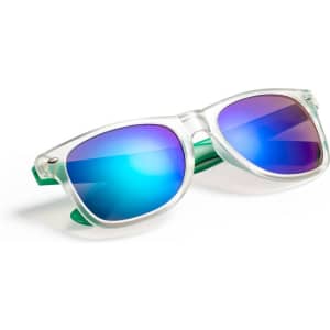 A pair of sunglasses with a clear frame and blue to purple gradient lenses, featuring green accents.