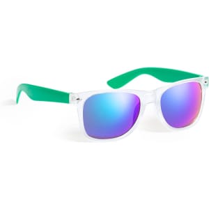 Sunglasses with clear frames and green arms, featuring reflective purple and blue lenses. Includes a logo on the side.