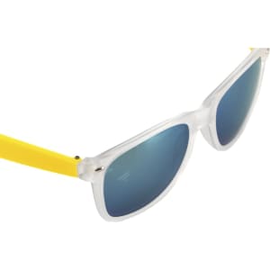 A pair of sunglasses with clear frames and yellow arms, featuring blue-tinted lenses and a logo on the side.